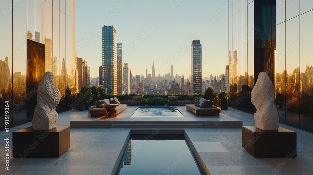 Obraz premium Rooftop Terrace With City Skyline View and Modern Sculptures