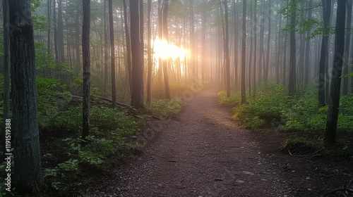 Serene forest trail at sunrise with mist enveloping tall trees and lush greenery