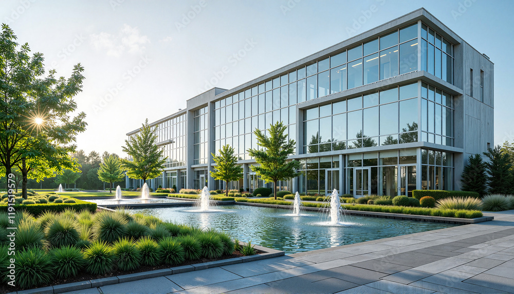 Obraz premium Modern office building with fountains and greenery
