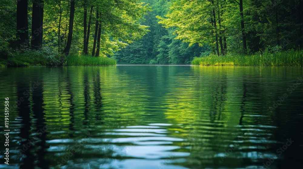Serene mountain lake surrounded by lush greenery and misty hills in a tranquil setting Serene mountain lake surrounded by lush greenery and misty hills in a tranquil setting