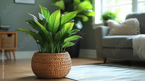Bright living room with indoor plants in decorative pots enhancing the natura...