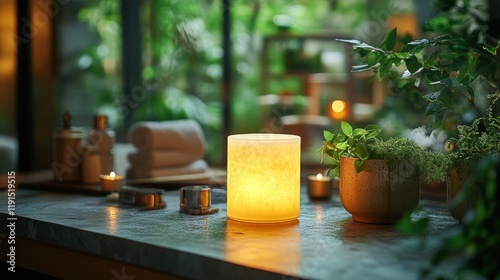 Relaxing atmosphere with a lit candle by a tranquil water surface surrounded ...