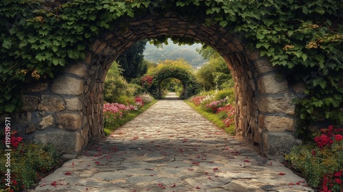 Pathway through vine-covered archways in a colorful garden during daytime hours
