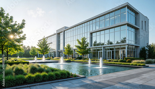 Modern office building with fountains and greenery