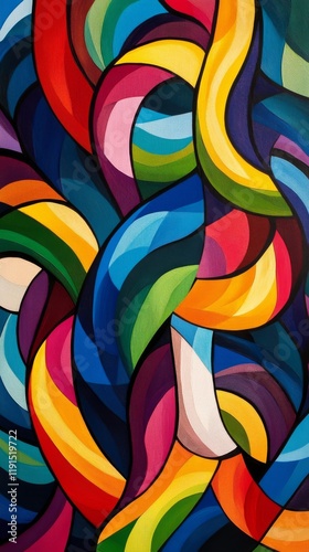 Vibrant abstract artwork featuring dynamic swirls and bold colors in a modern...