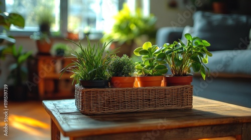 Decorative indoor plants arranged stylishly on a woven coffee table in a brig...