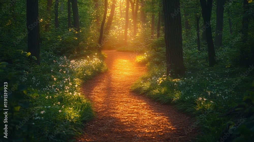 Obraz premium Golden sunlight filtering through trees on a serene forest path in the early morning