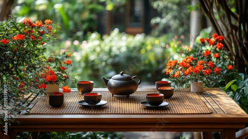 Enjoying tea in a serene garden setting surrounded by vibrant flowers and lus...