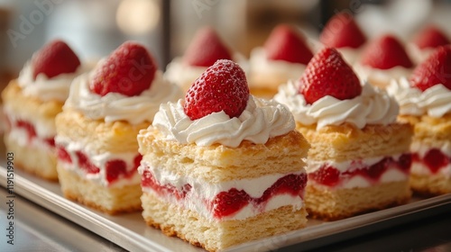Delicious dessert featuring strawberries on creamy layers with a dusting of s...