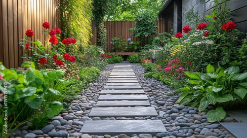 Pathway through vibrant flowers leading to a rustic wooden shed in a lush garden