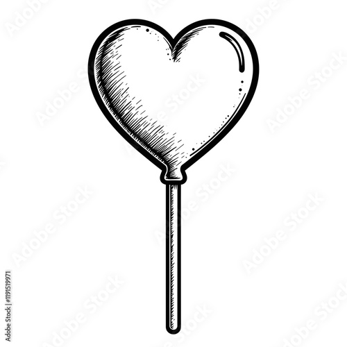 Heart-shaped lollipop illustration, black and white design, sweetness