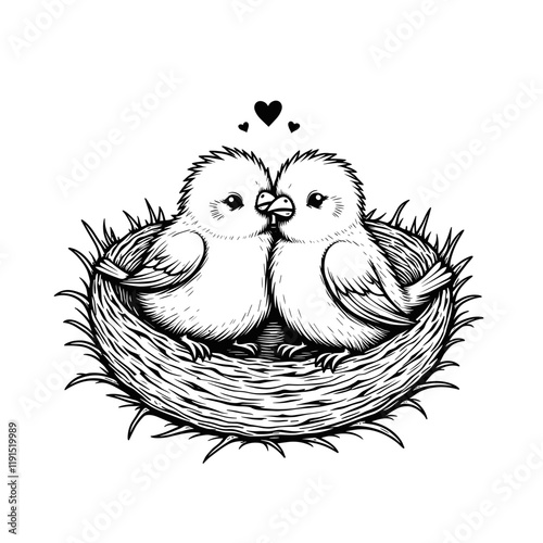 Two lovebirds cuddling in a nest, symbol of affection