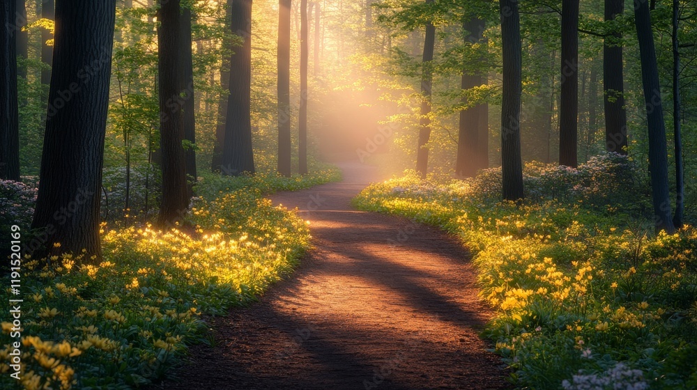 Fototapeta premium Golden sunlight filtering through trees on a serene forest path in the early morning