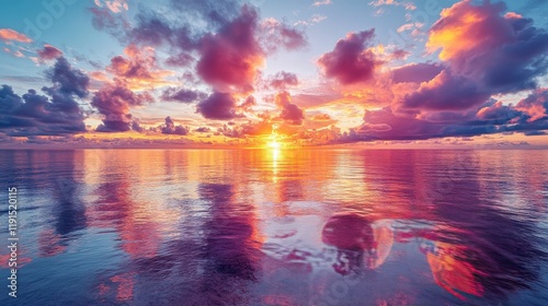 Vibrant sunset over tranquil waters by rocky coastline at tropical location