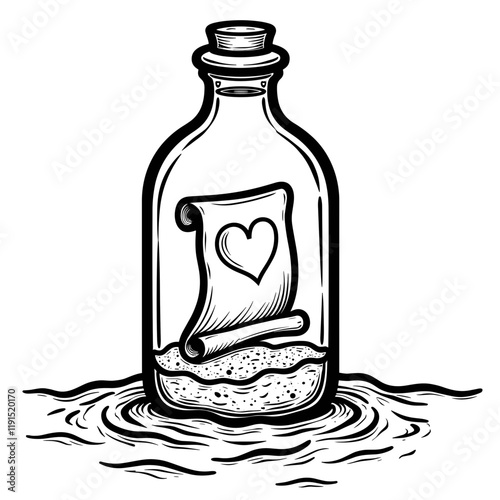 Glass bottle with love scroll floating in ocean, heartfelt message