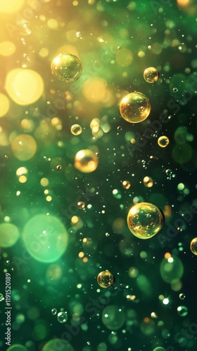Bubbles floating in a green and gold field of light creating an abstract visu...