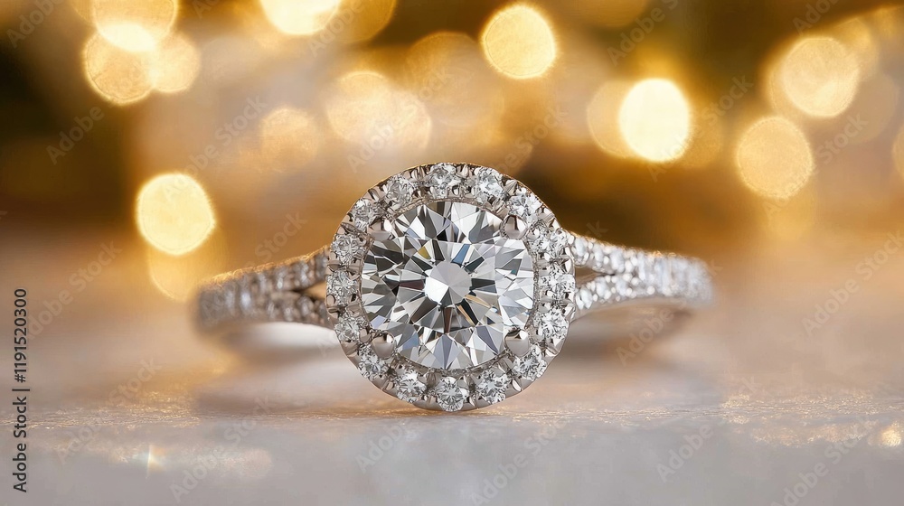 Fototapeta premium Sparkling Diamond Engagement Ring With Halo Setting