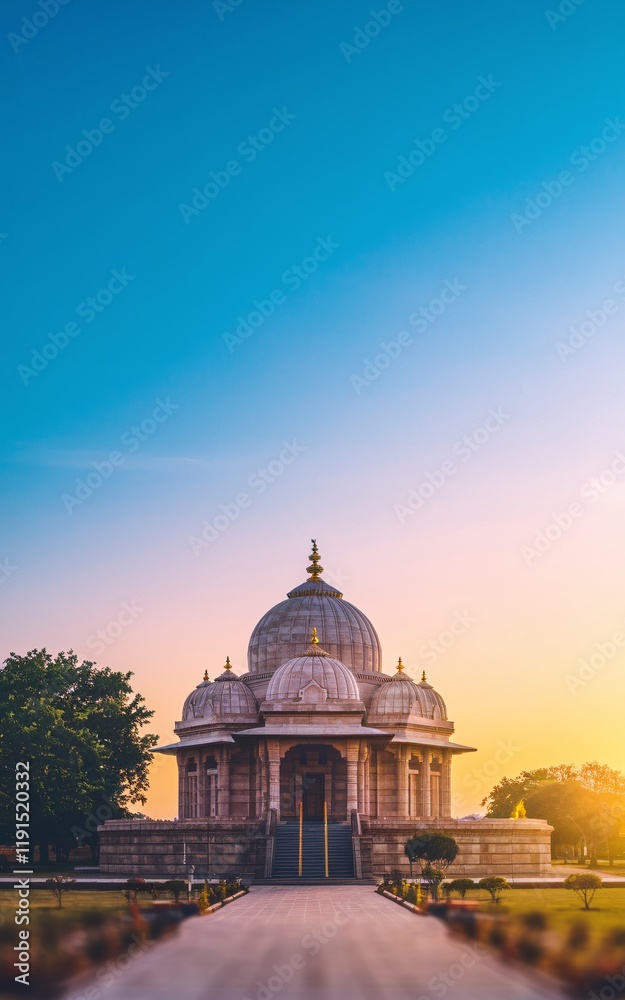 Obraz premium Majestic dome structure at sunset, pathway leads to gated entrance.