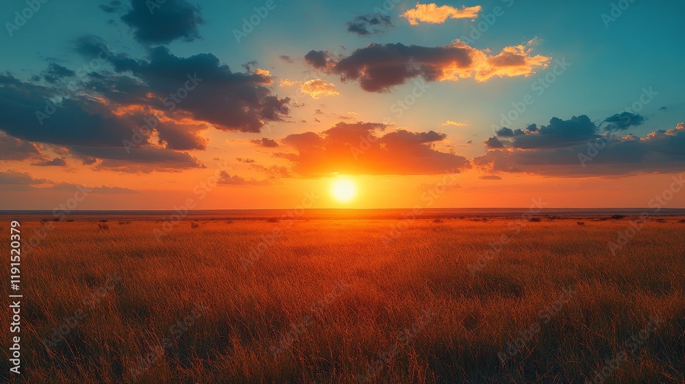 Obraz premium Breath-taking sunset over golden grassland with vibrant sky hues in a serene landscape