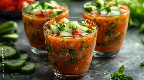 Refreshing vegetable-based drink served in glasses garnished with cucumbers a...