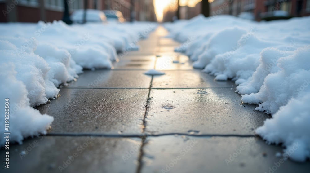Melting snow on a sidewalk with water puddles forming, shot in an urban setting with natural afternoon light. Melting snow on a sidewalk with water puddles forming, shot in an urban setting with natural afternoon light.