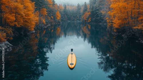 Paddleboarder glides through tranquil lake surrounded by vibrant autumn folia...