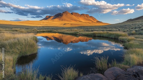 Serene landscape with foggy river and tall grasses in early morning light