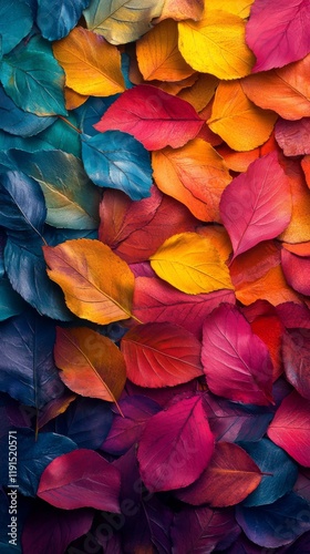 Colorful autumn leaves arranged in a vibrant display showcasing nature's beau...