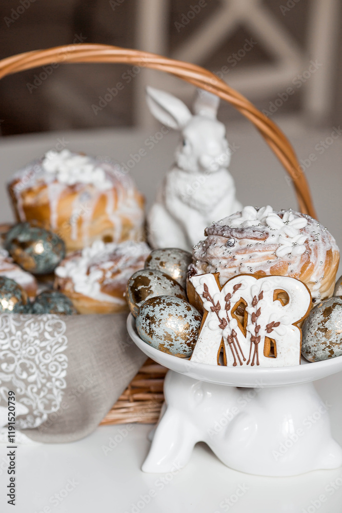 Fototapeta premium Banner for Orthodox Easter. Easter eggs with gold, Easter cakes and gingerbread in the shape of the letters XB in a woven basket made of vines.