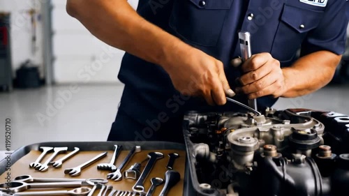 Mechanic repairing a car engine with precise tools photo