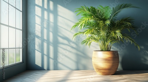 Lush green plant in bright interior space with soft light illuminating walls ...