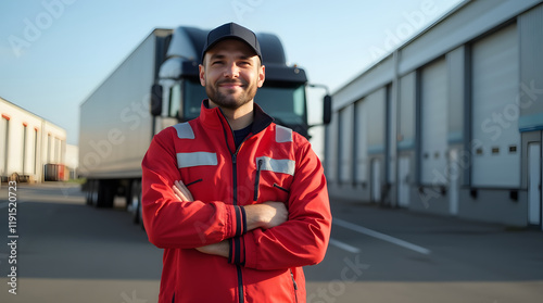 A truck driver in a red reflective jacket standing in front of a semi-truck parked outside a warehouse on a clear, sunny afternoon. The pavement is dry, and the setting feels crisp and professional photo