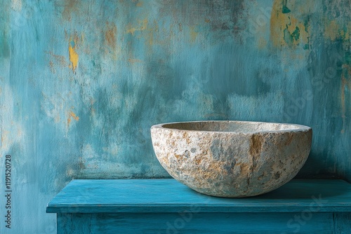 Elegant gray stone bowl on blue wooden table with textured cloth nearby
