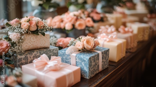 Beautiful outdoor setting with elegant floral arrangements and gift packaging...