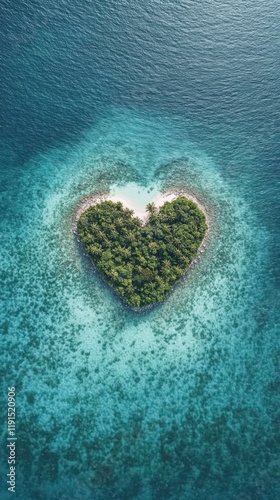 Heart-shaped island covered with lush greenery surrounded by crystal-clear turquoise waters, representing love, serenity, and tropical paradise