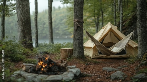 Bright yellow tent and hammock set up in a forest during a foggy morning