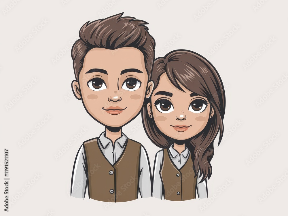 Fototapeta premium Young Couple Cartoon Portrait Wearing Matching Vests