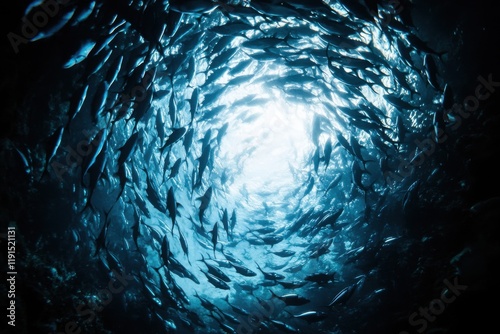 Majestic underwater shot of albacore tuna school with directional light
