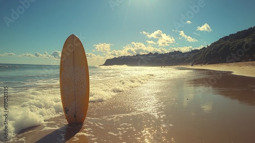 Sunlit beach with a surfboard at the shore during a vibrant afternoon