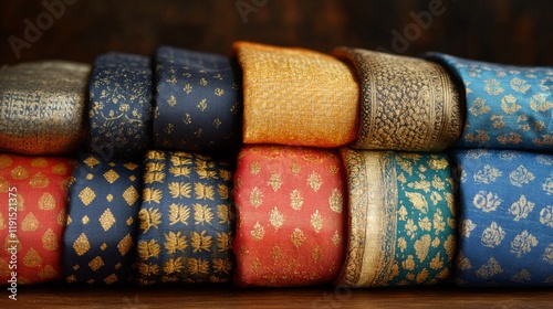Colorful traditional fabrics displayed elegantly on a wooden table, showcasin...