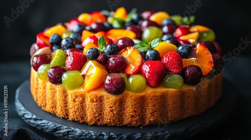 Delightful fruit-topped cake with colorful berries and citrus on a black plate