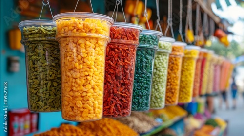 Colorful display of dried beans and legumes in vibrant buckets at a local market