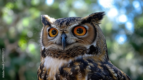 Close-Up of an Owl with Bright Orange Eyes in a Lush Forest Environment photo