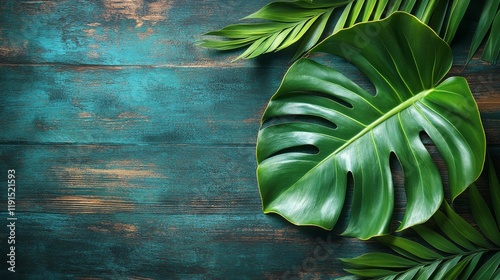 Green leaf resting on a rustic wooden surface showcasing natural beauty in de...