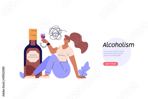 Stop drinking illustration. Drunk person suffering from alcoholic drinks. Concept of alcohol addiction, sober, healthy lifestyle without alcohol. Vector flat cartoon design for web banners