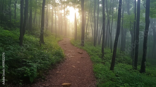 Serene forest trail at sunrise with mist enveloping tall trees and lush greenery