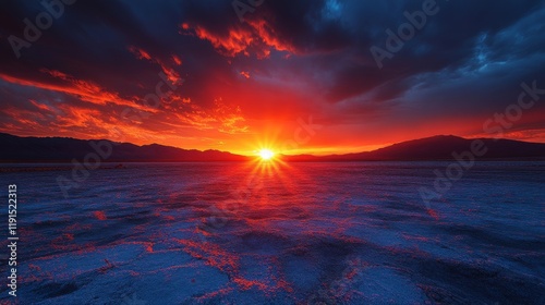 Beautiful sunset over mountains with vibrant orange and red colors illuminati...