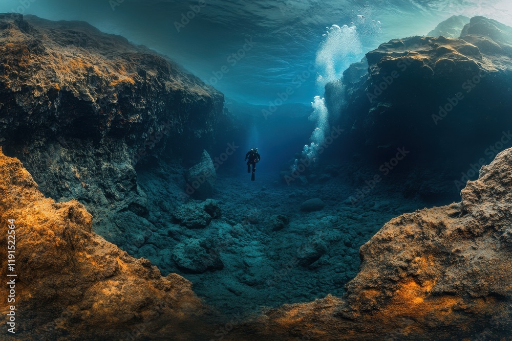 Obraz premium Underwater diver in volcanic crater serene exploration with DSLR
