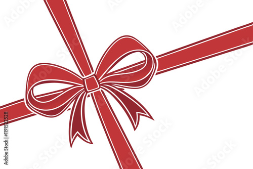Red satin ribbon, glossy bow, festive decoration, gift wrapping, horizontal composition, vibrant scarlet color, symmetrical design, elegant holiday accent, white background, crisp detail, shiny textur