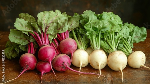 Freshly harvested radishes and turnips displayed on a rustic wooden table